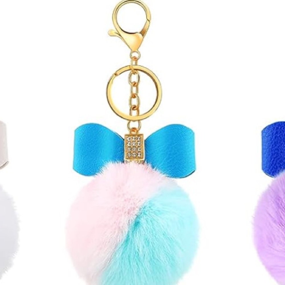 Teal Bow Keychain with Pink & Teal Fluffy Pom Pom
